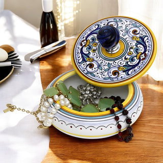 JEWERLY BOX: Authentic Deruta Keepsake Round Box with Murano Knob - RICCO DERUTA design