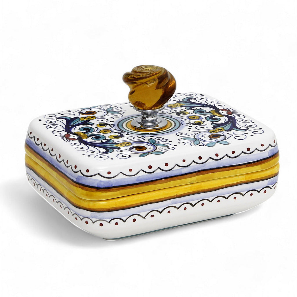 JEWERLY BOX: Authentic Deruta Keepsake Rectangular Box with Murano Knob - RICCO DERUTA design