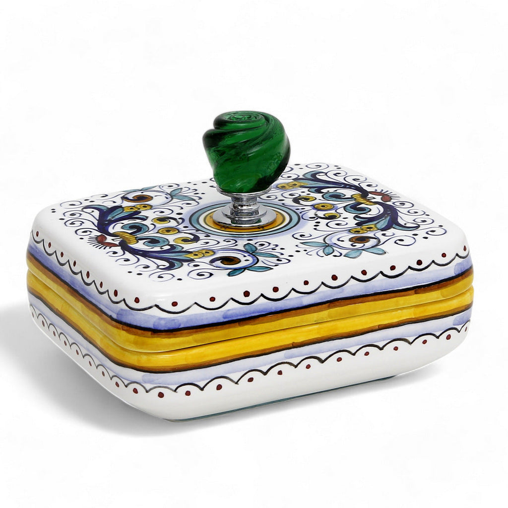 JEWERLY BOX: Authentic Deruta Keepsake Rectangular Box with Murano Knob - RICCO DERUTA design