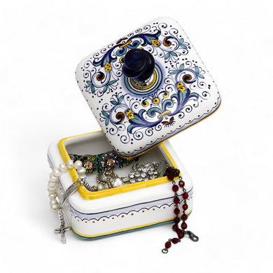 JEWERLY BOX: Authentic Deruta Keepsake Square Box with Murano Knob - RICCO DERUTA design