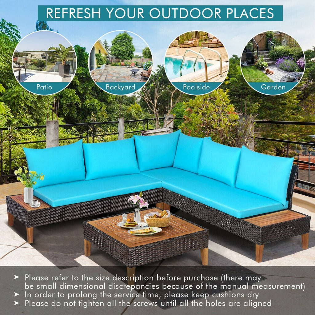 4-Piece Cushioned PE Rattan Patio Furniture Set with Acacia Wood Tables