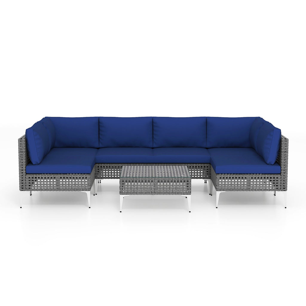 7-Piece PE Rattan Patio Furniture Set with Navy Cushions and Glass Coffee Table