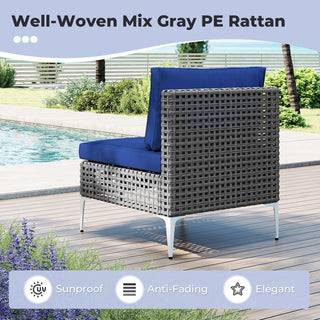 7-Piece PE Rattan Patio Furniture Set with Navy Cushions and Glass Coffee Table