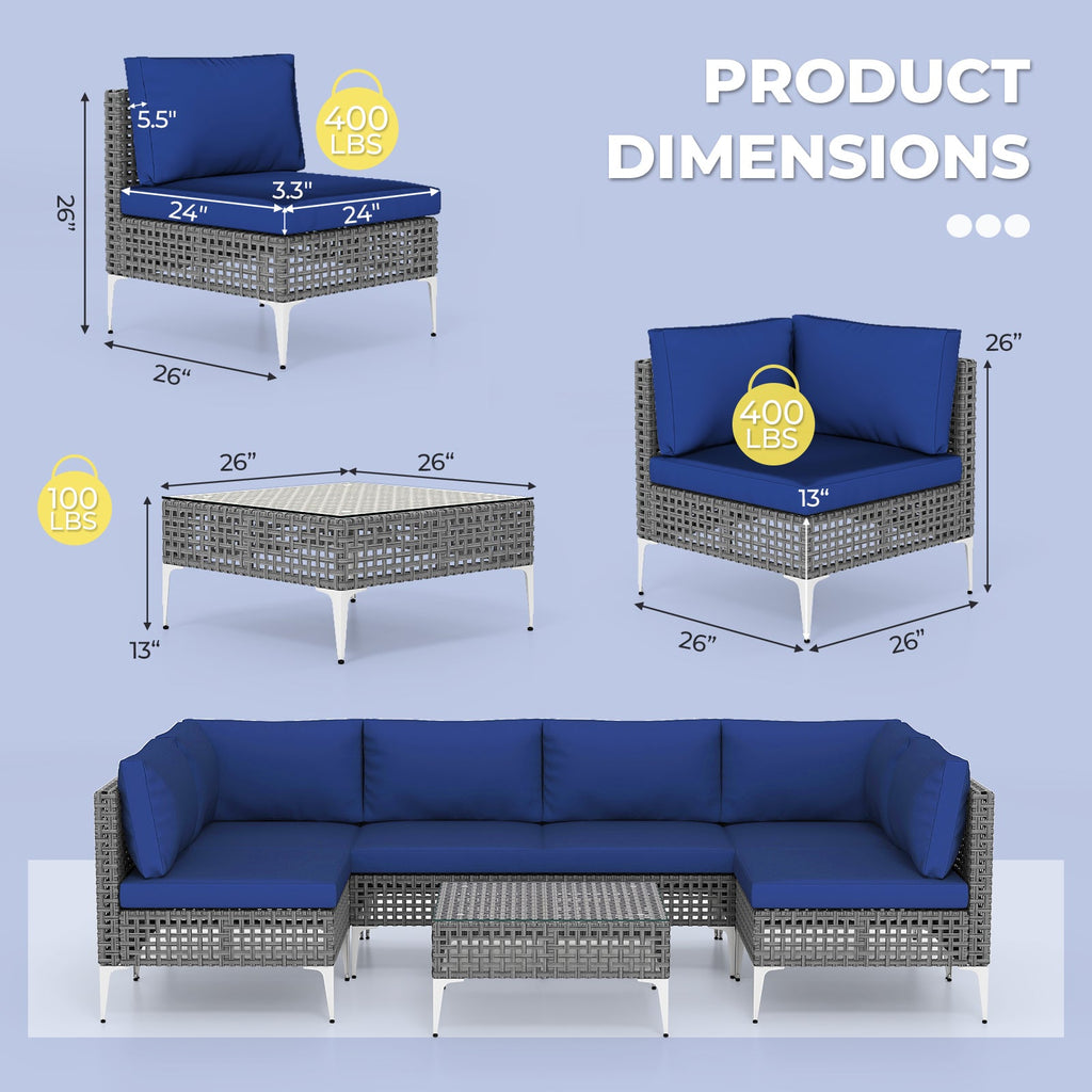 7-Piece PE Rattan Patio Furniture Set with Navy Cushions and Glass Coffee Table