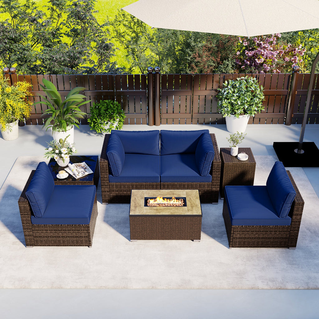 7-Piece PE Rattan Sectional Set with 32-Inch Gas Fire Pit Table and Tank Cover