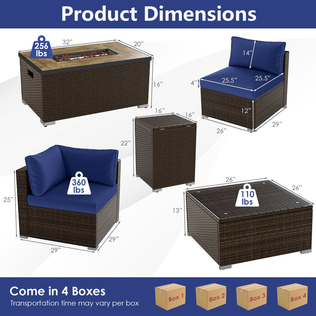 7-Piece PE Rattan Sectional Set with 32-Inch Gas Fire Pit Table and Tank Cover