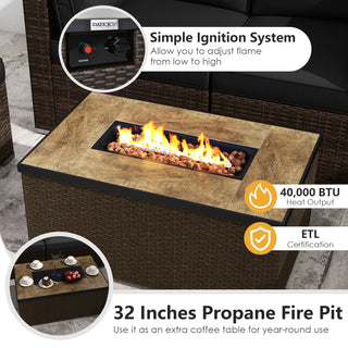 7-Piece PE Rattan Sectional Set with 32-Inch Gas Fire Pit Table and Tank Cover