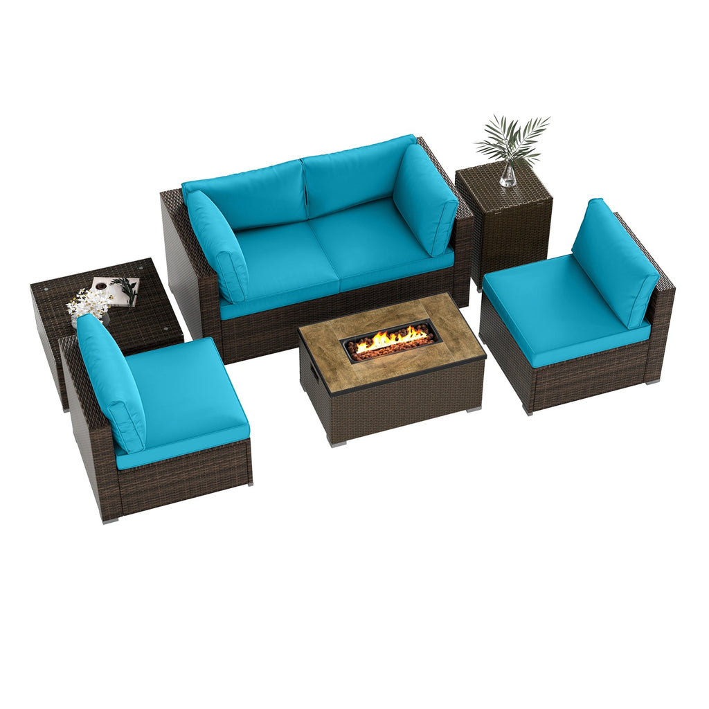 7-Piece PE Rattan Sectional Set with 32-Inch Gas Fire Pit Table and Tank Cover