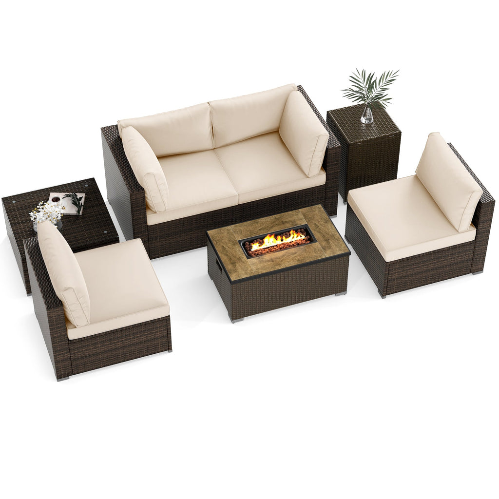 7-Piece PE Rattan Sectional Set with 32-Inch Gas Fire Pit Table and Tank Cover
