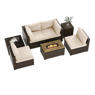 7-Piece PE Rattan Sectional Set with 32-Inch Gas Fire Pit Table and Tank Cover