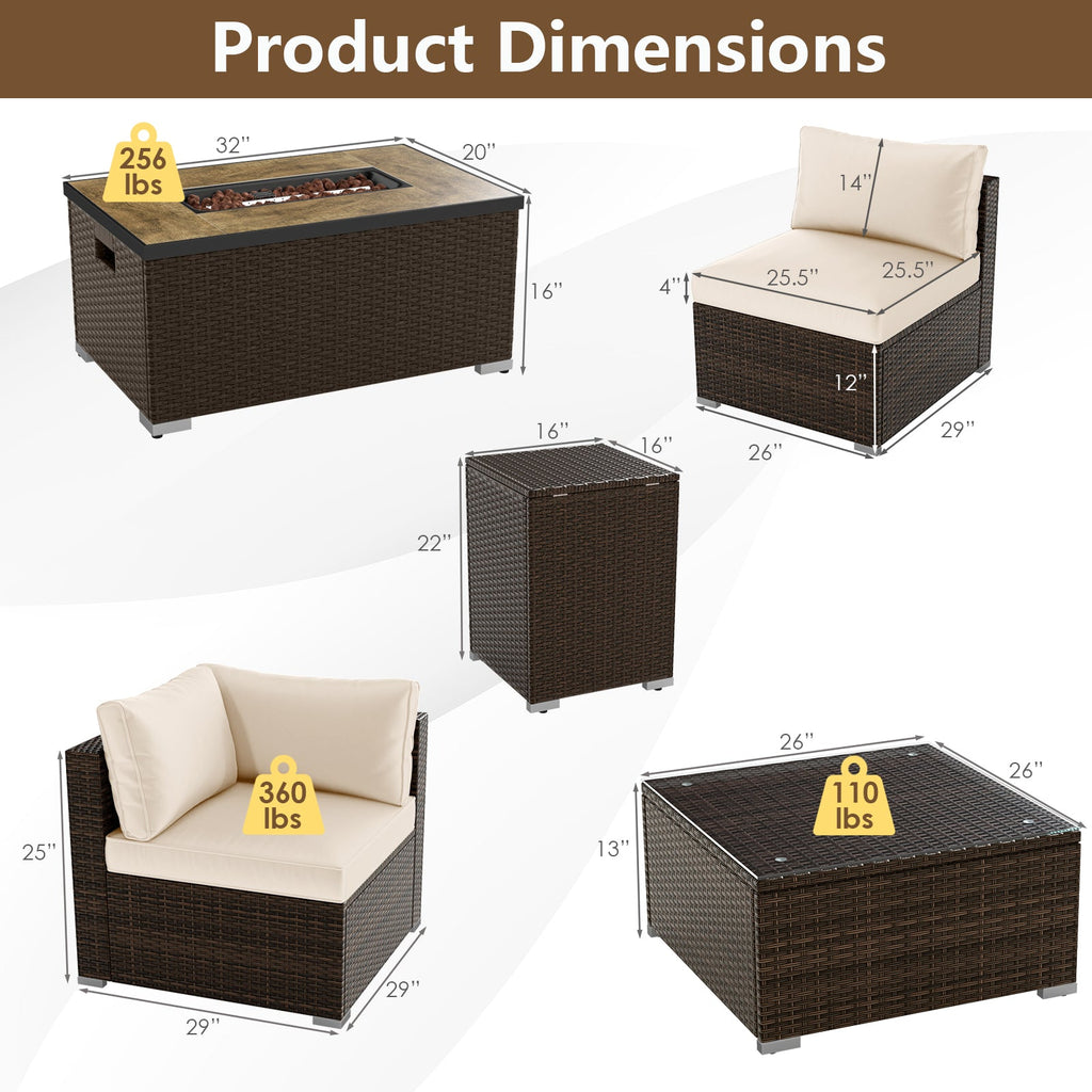 7-Piece PE Rattan Sectional Set with 32-Inch Gas Fire Pit Table and Tank Cover