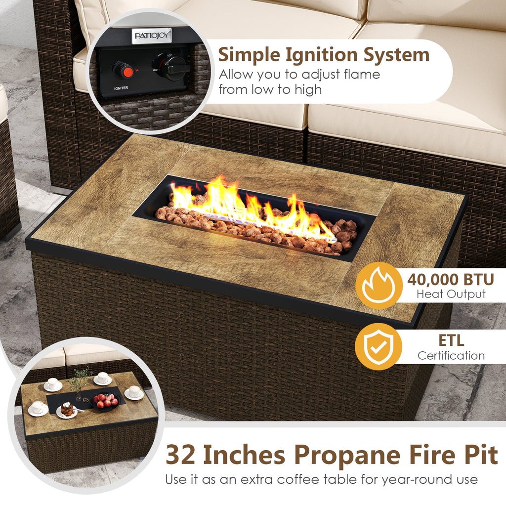 7-Piece PE Rattan Sectional Set with 32-Inch Gas Fire Pit Table and Tank Cover