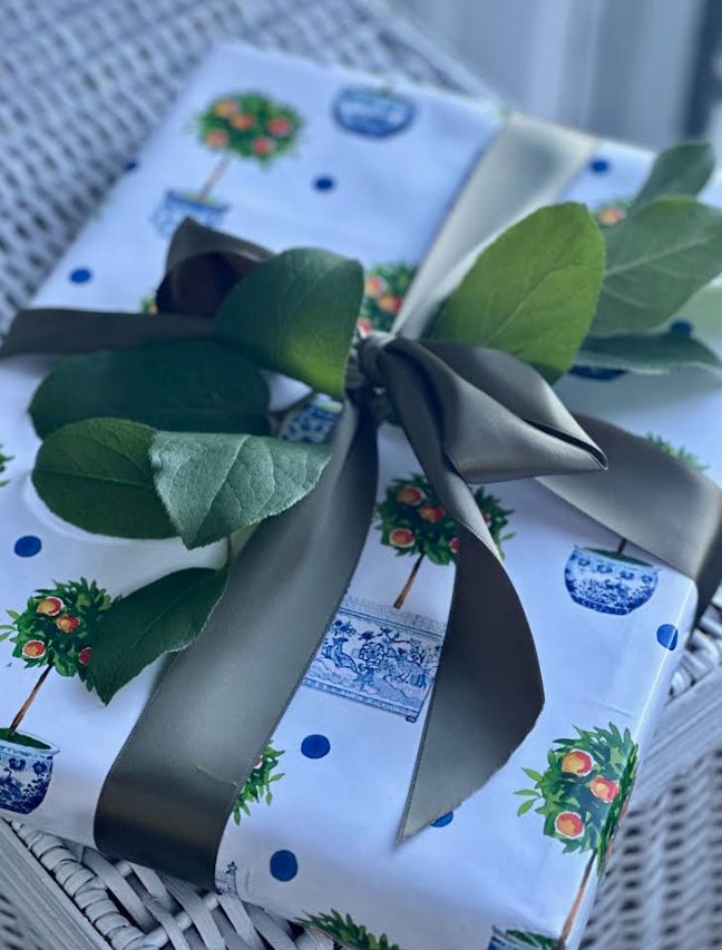 Reversible Orange Topiary & Trellis Gift Wrap | Elegant Double-Sided Wrap
