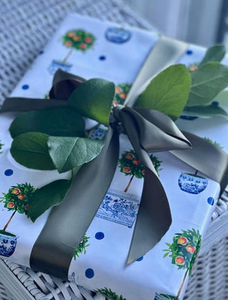 Reversible Orange Topiary & Trellis Gift Wrap | Elegant Double-Sided Wrap