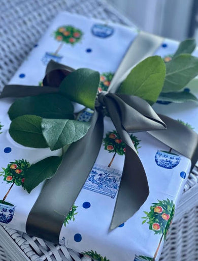 Reversible Orange Topiary & Trellis Gift Wrap | Elegant Double-Sided Wrap