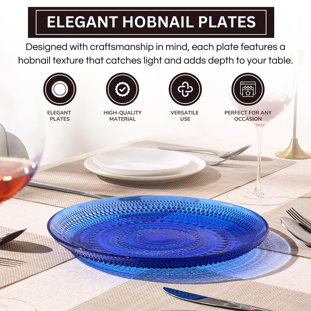 Dark Blue Glass Hobnail Dinner Plates Set of 4 – Elegant Textured Charger Plates for Dining Table