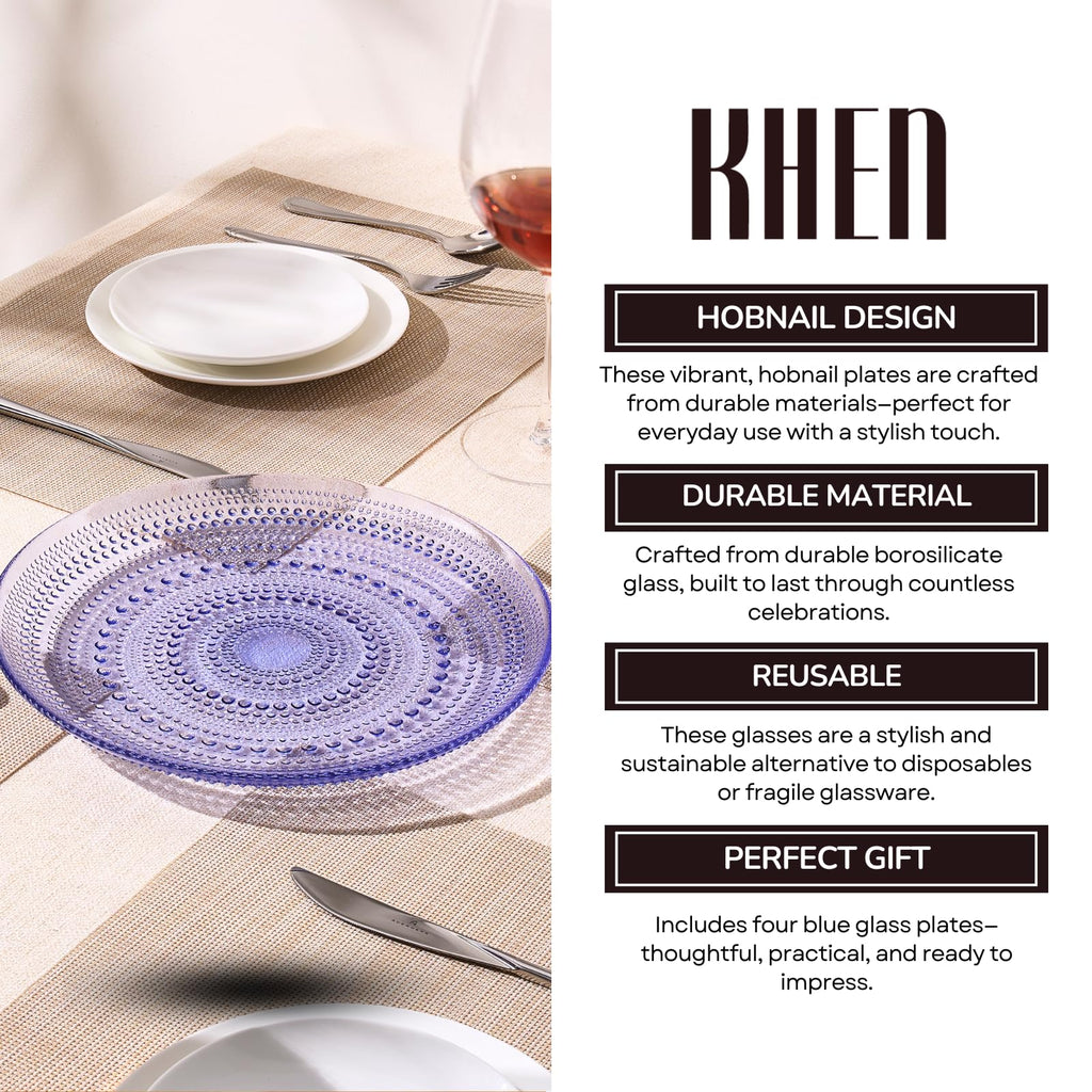 Blue Glass Hobnail Dinner Plates Set of 4 – Vintage Decorative Charger Plates for Home Dining