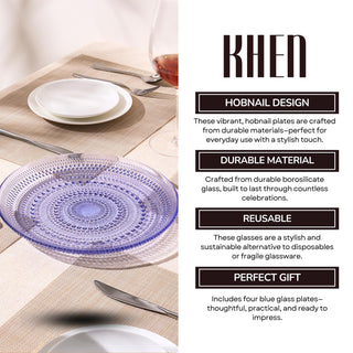 Blue Glass Hobnail Dinner Plates Set of 4 – Vintage Decorative Charger Plates for Home Dining