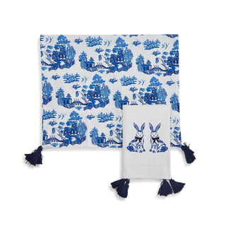 Chinoiserie Bunny Embroidered Dish Towel – Blue & White Easter Kitchen Towel