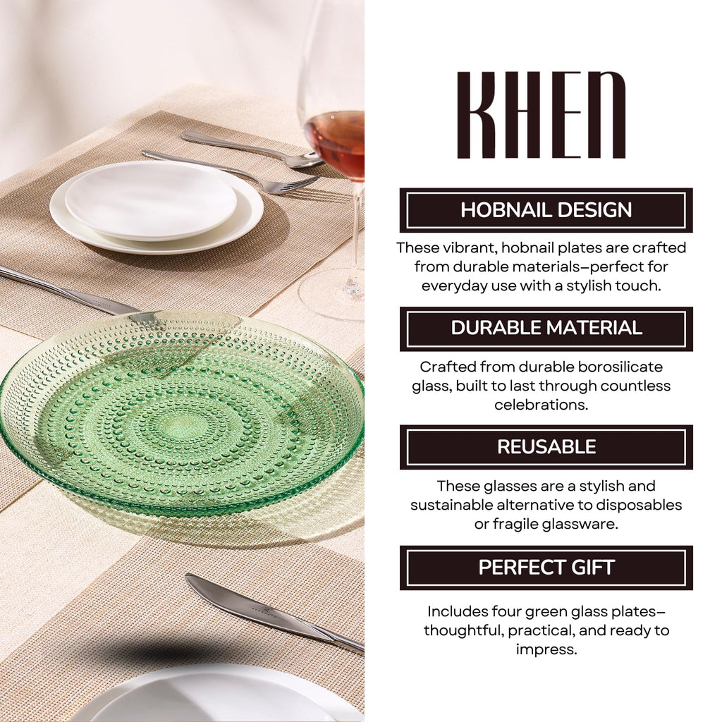 Green Glass Hobnail Dinner Plates Set of 4 – Vintage Textured Charger Plates for Dining Table
