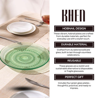 Green Glass Hobnail Dinner Plates Set of 4 – Vintage Textured Charger Plates for Dining Table
