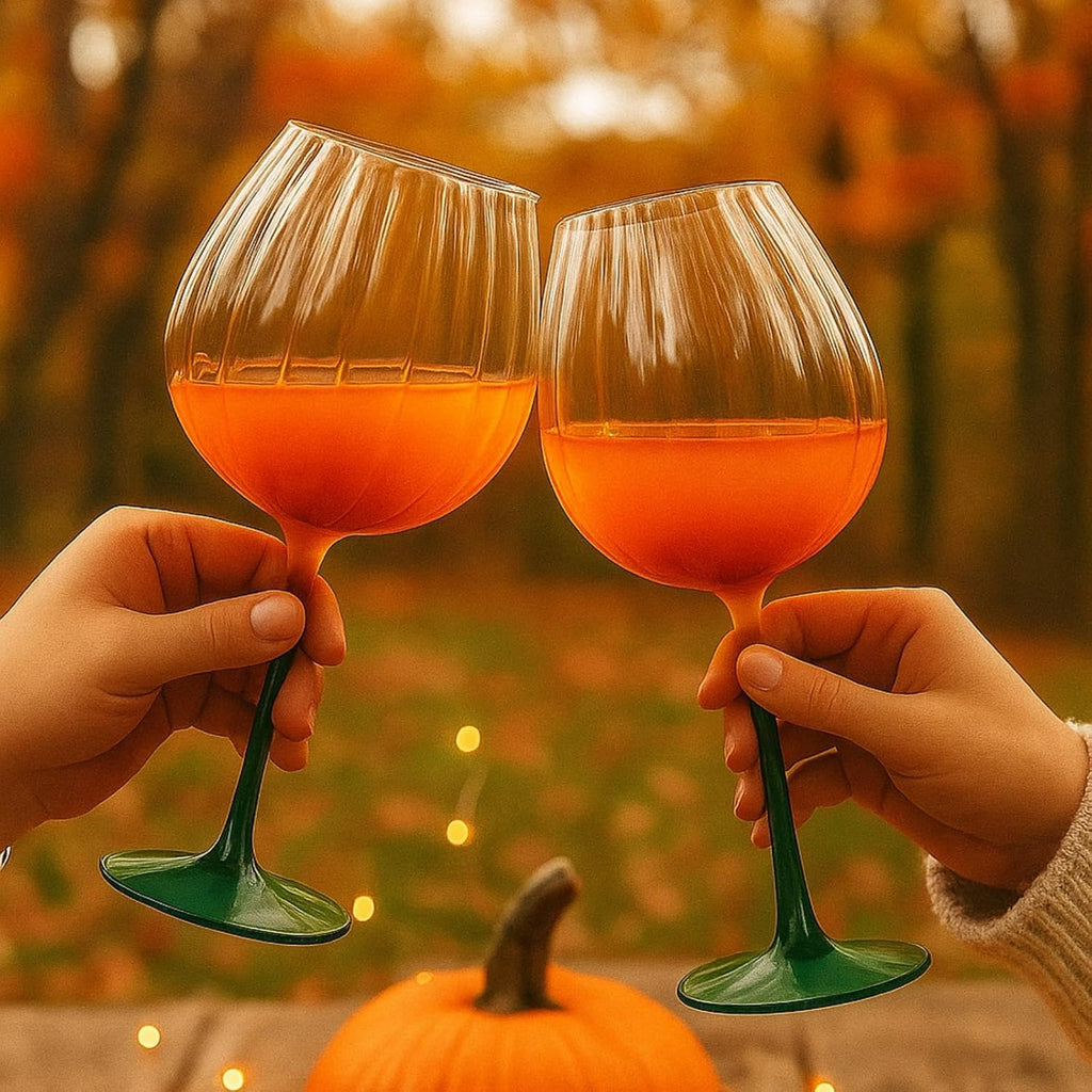 Khen Pumpkin Wine Glasses Set of 2 – Fall Inspired Borosilicate Drinkware in Orange & Green