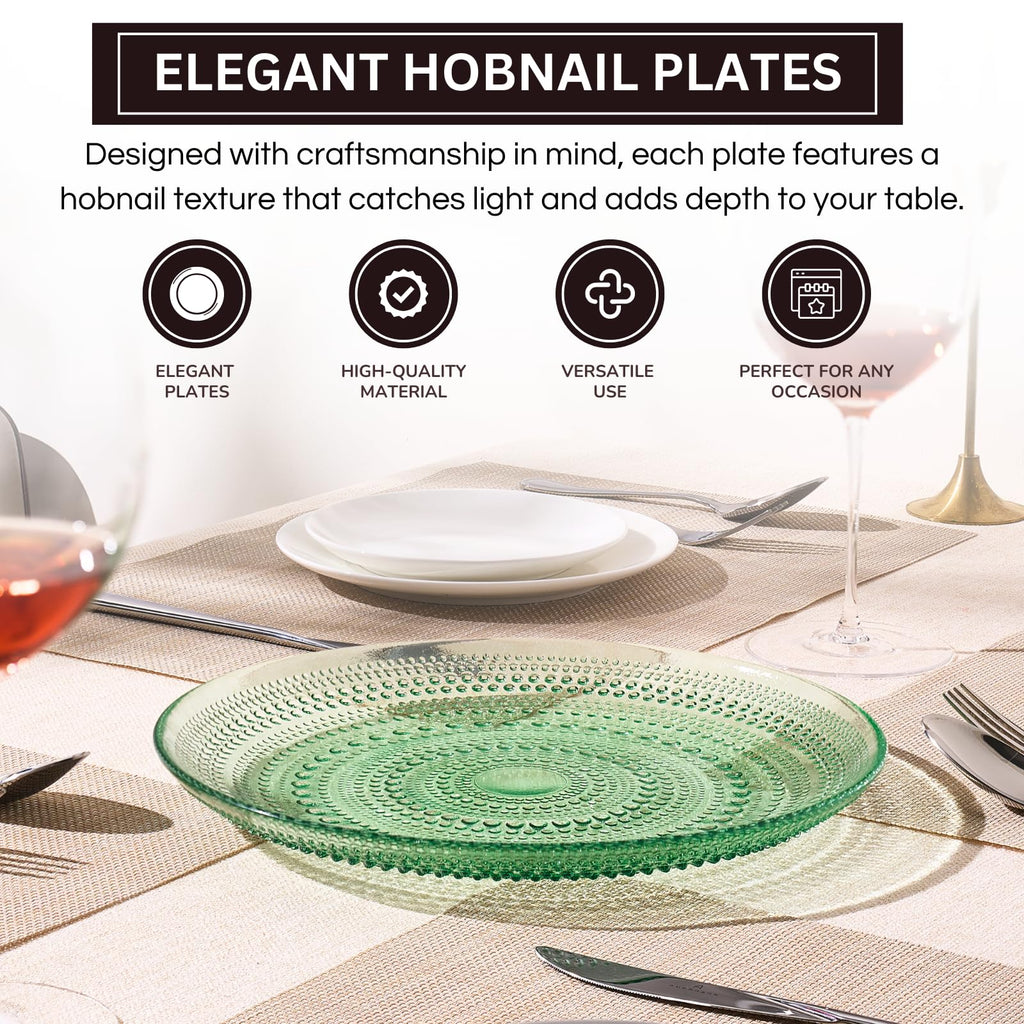 Green Glass Hobnail Dinner Plates Set of 4 – Vintage Textured Charger Plates for Dining Table