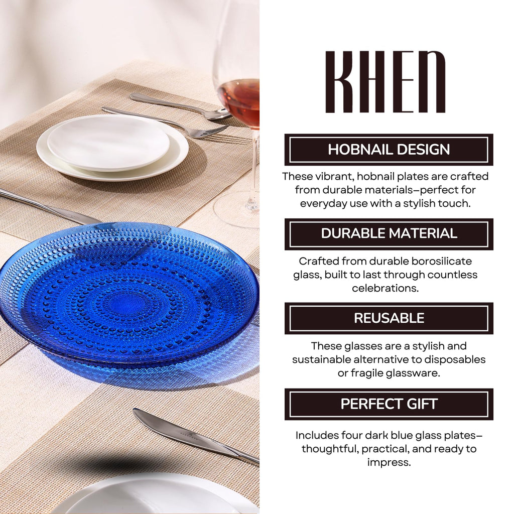 Dark Blue Glass Hobnail Dinner Plates Set of 4 – Elegant Textured Charger Plates for Dining Table