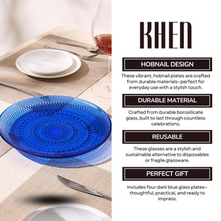 Dark Blue Glass Hobnail Dinner Plates Set of 4 – Elegant Textured Charger Plates for Dining Table