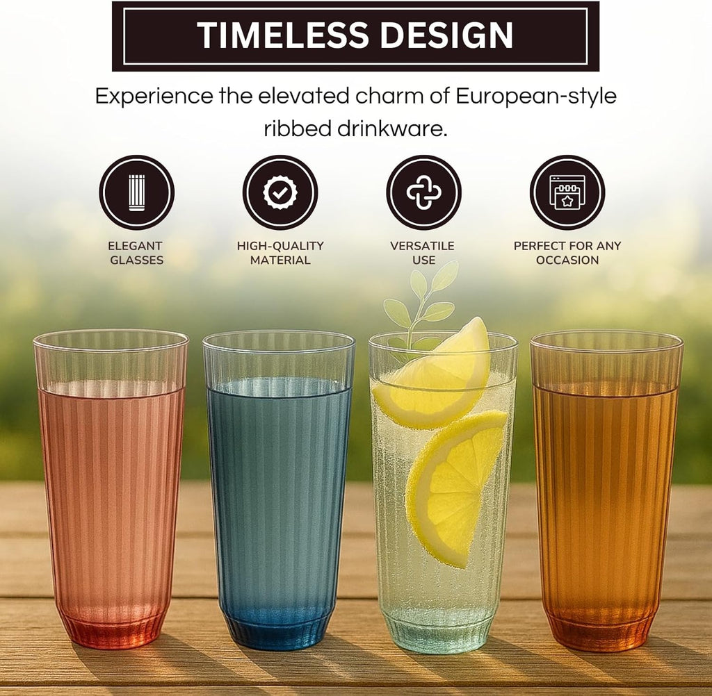 Khen Shatterproof Acrylic Ribbed Drinking Glasses Set of 4 – BPA-Free Tall Reusable Drinkware 12oz