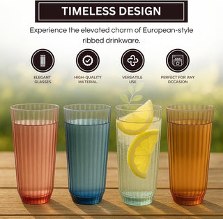 Khen Shatterproof Acrylic Ribbed Drinking Glasses Set of 4 – BPA-Free Tall Reusable Drinkware 12oz