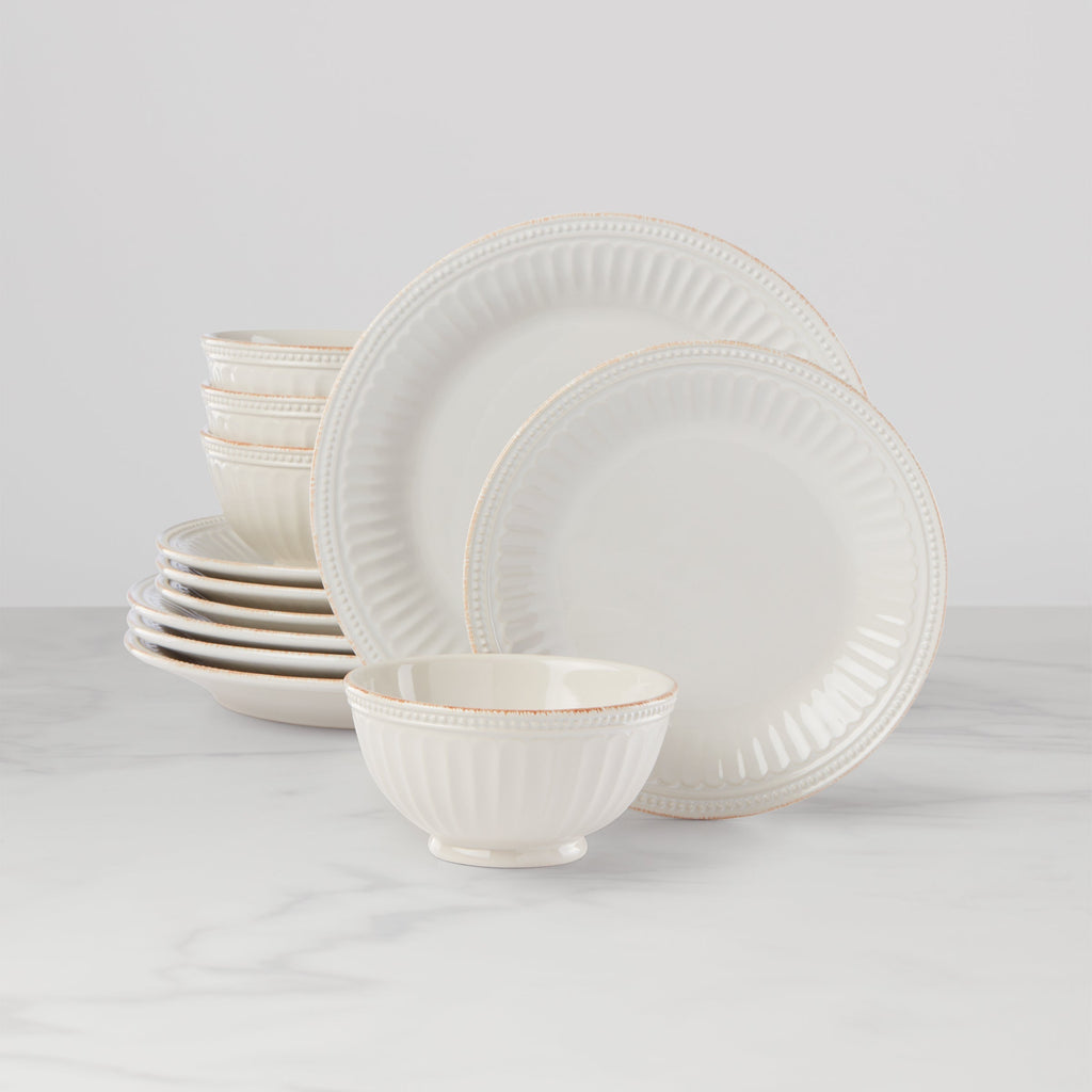 Lenox French Perle Groove White 12-Piece Place Setting, stoneware