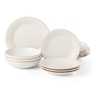 Lenox French Perle Groove White 12-Piece Dinnerware Set, stoneware