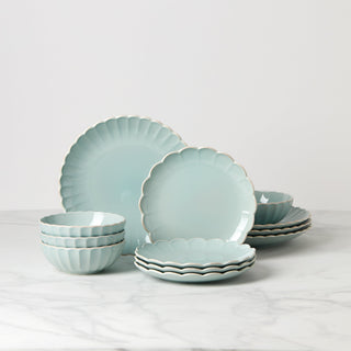 Lenox French Perle Scallop Ice Blue 12-Piece Dinnerware Set, stoneware