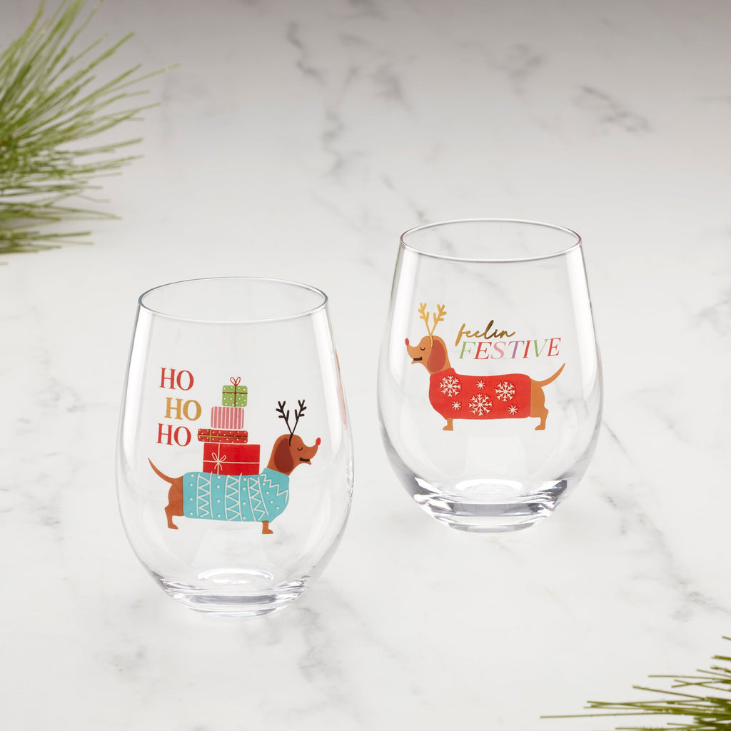 Cambridge Feeling Festive Dog Stemless Wine Glasses - Set of 2, glass