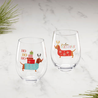 Cambridge Feeling Festive Dog Stemless Wine Glasses - Set of 2, glass