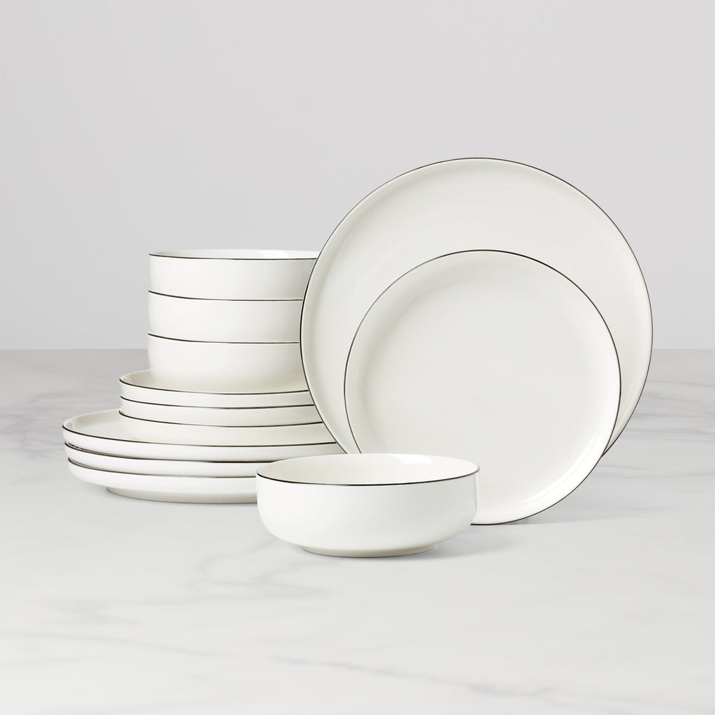 Oneida 24 Seven Black Rim 12-Piece Dinnerware Set, porcelain