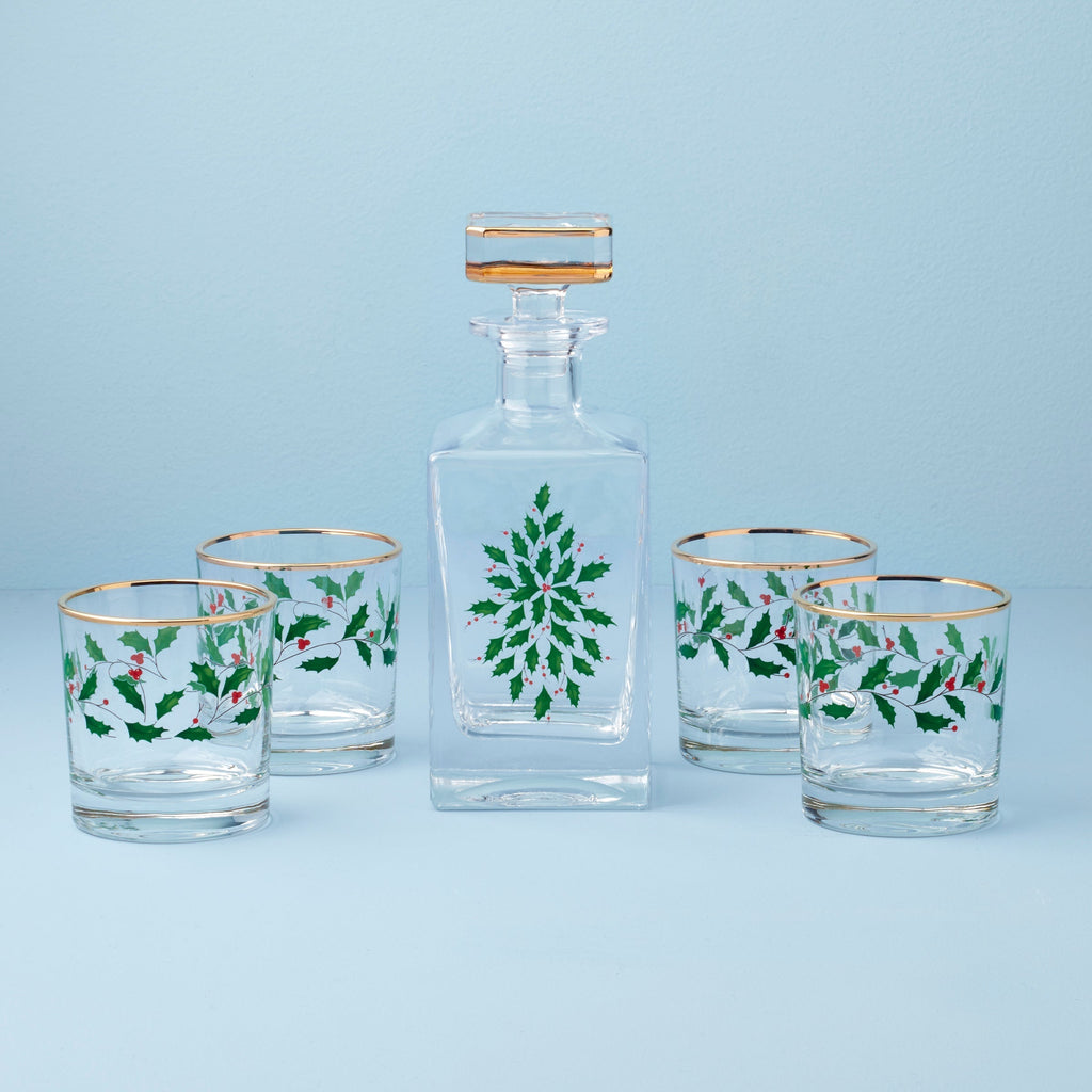 Lenox Holiday 5-Piece Decanter & Whiskey Glass Set, glass