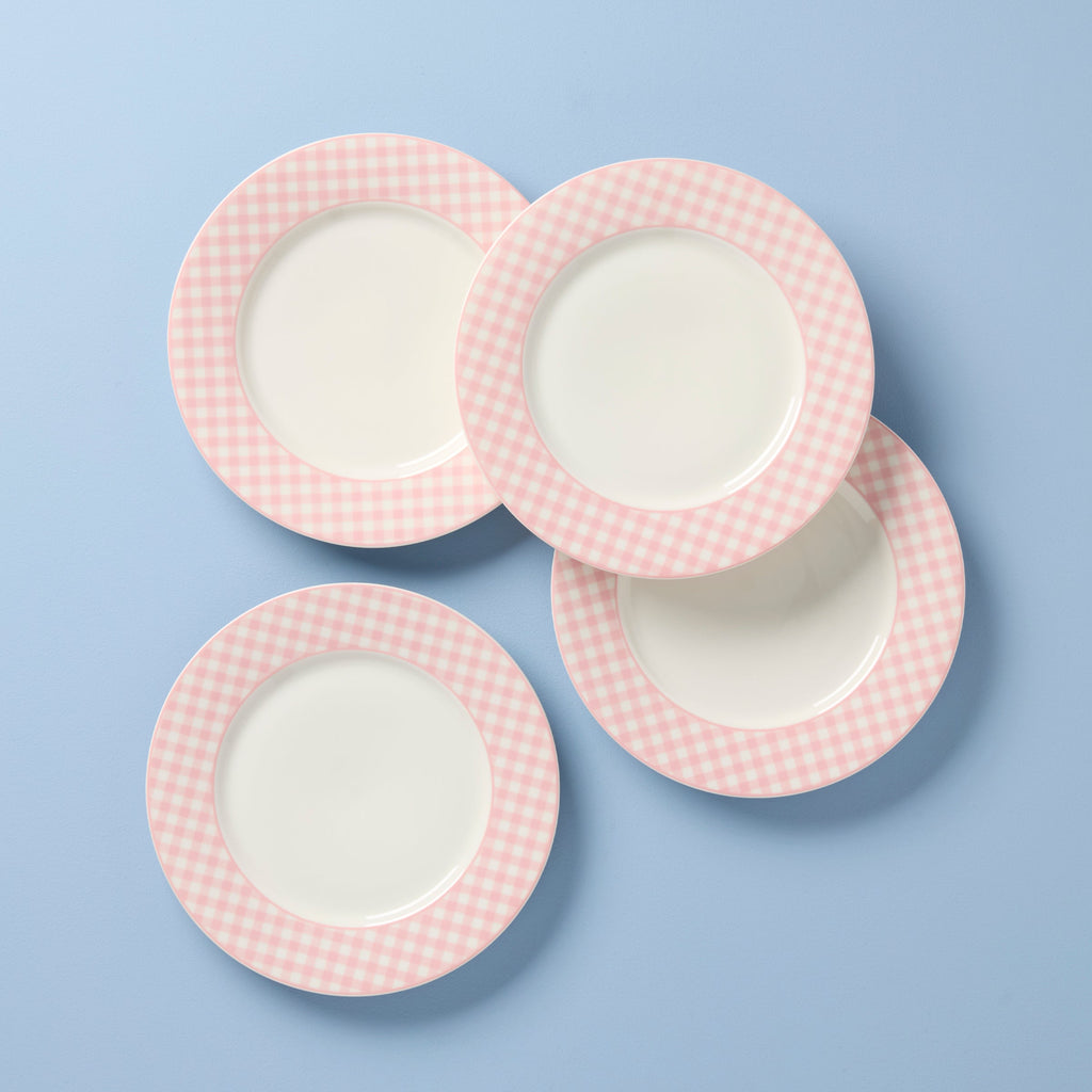 Lenox Gingham Pink Dinner Plates, Set of 4, porcelain