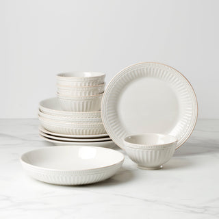 Lenox French Perle Groove White 12-Piece Dinnerware Set, stoneware