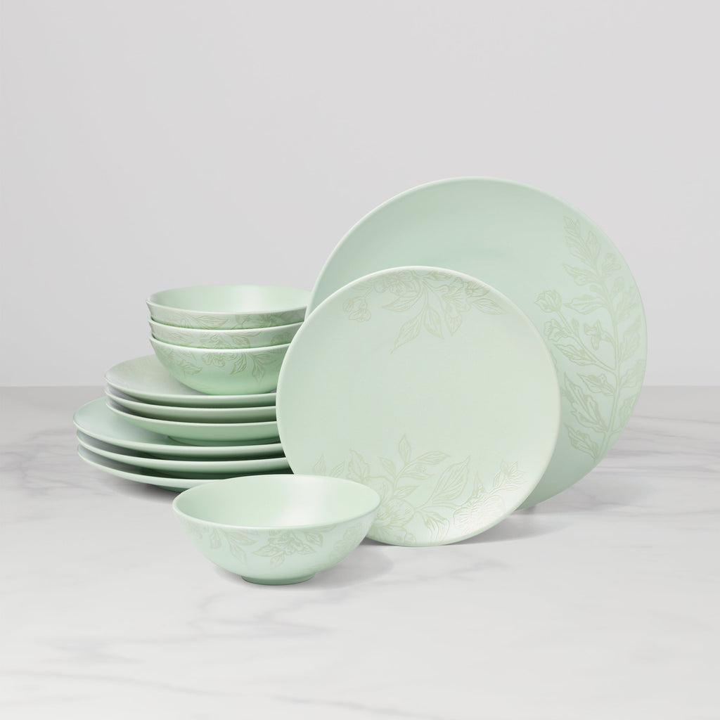 Oneida Roseto Soft Sage 12-Piece Dinnerware Set, stoneware