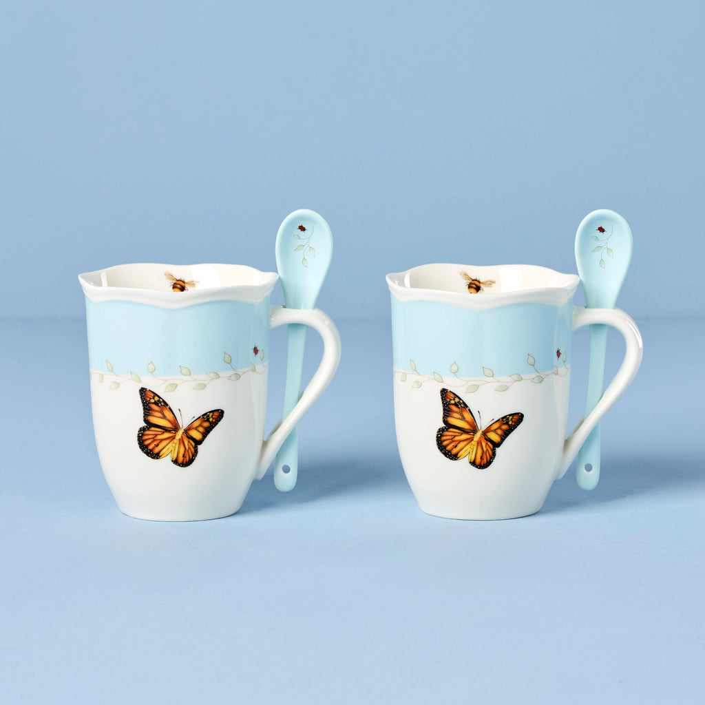 Lenox Butterfly Meadow Blue Mugs with Spoons, Set of 2, porcelain