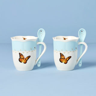 Lenox Butterfly Meadow Blue Mugs with Spoons, Set of 2, porcelain