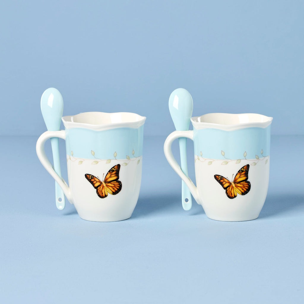 Lenox Butterfly Meadow Blue Mugs with Spoons, Set of 2, porcelain (view 2)