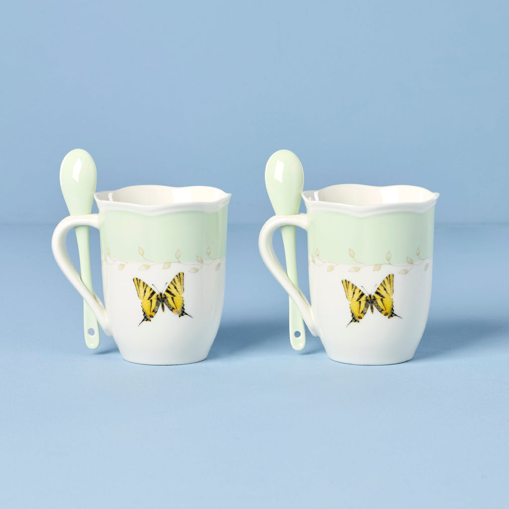 Lenox Butterfly Meadow Green Mugs with Spoons, Set of 2, porcelain (view 2)