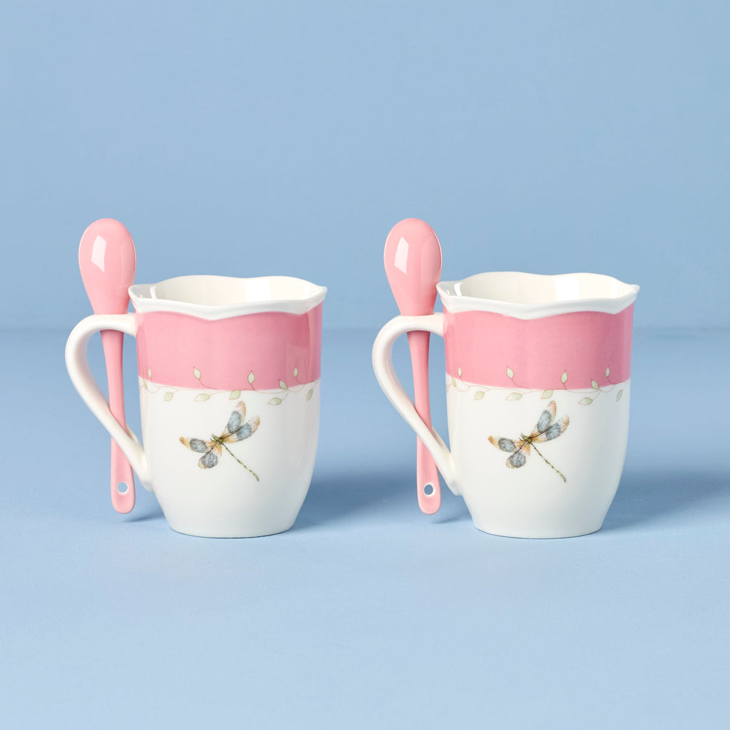 Lenox Butterfly Meadow Pink Mugs with Spoons, Set of 2, porcelain (view 2)