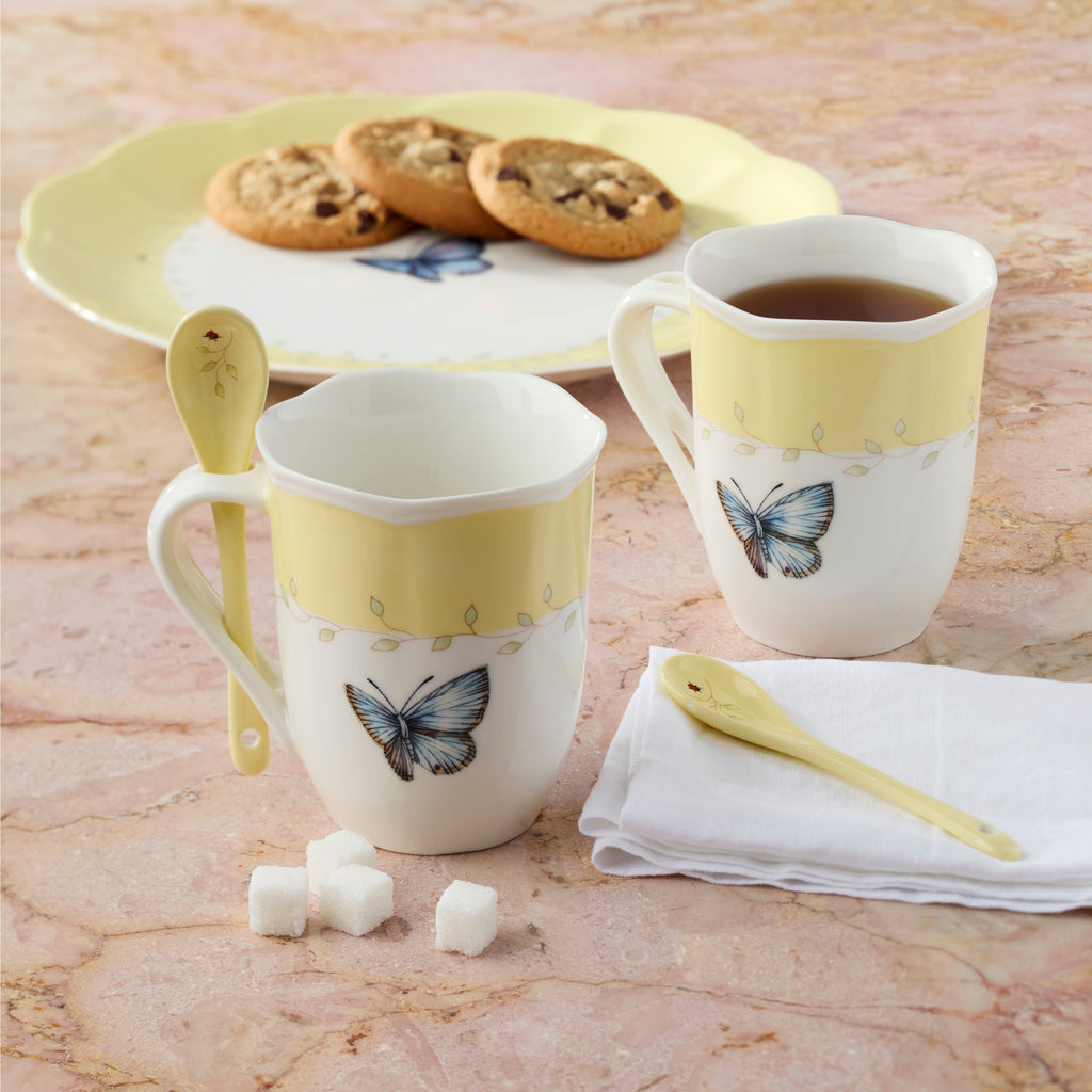 Lenox Butterfly Meadow Yellow Mugs with Spoons, Set of 2, porcelain (view 5)
