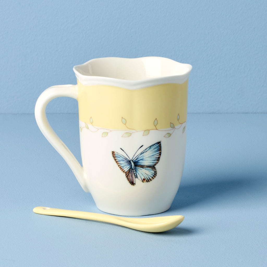 Lenox Butterfly Meadow Yellow Mugs with Spoons, Set of 2, porcelain (view 4)