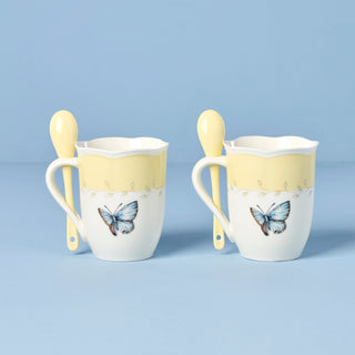 Lenox Butterfly Meadow Yellow Mugs with Spoons, Set of 2, porcelain (view 2)