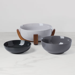 Oneida 24 Seven Pumice 3-Piece Nesting Bowl Set with Wood Stand, porcelain (view 2)